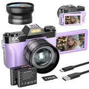 Saneen WX02 Digital Camera 6K 64MP Wifi Vlogging Cameras  3''180 Flip Screen 16X Zoom 32GB SD Card 52mm Lens Purple