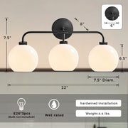 Reagan Bathroom Vanity Light Fixture, Triple Mouth-Blown Glass Globes, Matte Black Steel Frame, Dimmable, Damp Rated, 22 in