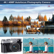 ACTITOP 4K Digital Camera for Photography with Viewfinder 48MP Vlogging Camera for YouTube with 32GB Card 16X Autofocus Anti-Shake Travel Portable Video Camera Camcorder - Black