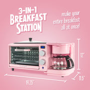 Nostalgia 3-in-1 Retro Breakfast Station, 5-Cup Coffee Maker, Ceramic Non-Stick Griddle, 4-Slice Toaster Oven, Built-In Timer, Pink