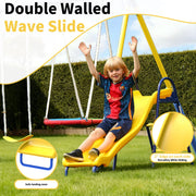 Fashionsport Outfitters Metal Swing Set, 5-in-1 Outdoor Playground with Double Wall Slide, Flying Saucer, Teeter-Totter, Two Person Swings, Trapeze Bar, Yellow