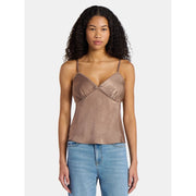 No Boundaries Women's Woven Cami Top with Lace Trim and Bow, M, Mocha - Machine Washable