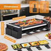 Fohere DR-995M Electric Indoor Raclette Table Grill, 1400W, Flexible Rotating Design, Reversible Nonstick Plate, Black, Serves 8, Includes 8 Warming Trays