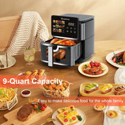 Bluebow 9QT Air Fryer, Large Touchscreen, 12-in-1 Multi-Functional, Visible Window, Oil-Free Cooking, Black