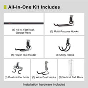 Rubbermaid FastTrack Garage Storage System, 20-Piece Kit with 5 Steel Rails and 15 Locking Hooks, Black, 1910371