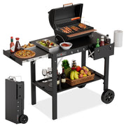 PARGRILL Two-Shelf Folding Grill Cart Table, Heavy-Duty Carbon Steel, Rust-Resistant, Pull-Out Side Table, Large Wheels, Compatible with 17