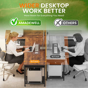 Amadwell 55 Inch L Shaped Office Desk with Built-In Power Outlets, 3 Fabric Drawers, Mesh Shelves, Rustic Brown