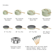 Beautiful 18-Piece EverGood Ceramic Nonstick Cookware Set with Strainer Lids, Gold-Finished Handles, Sage Green, 29334