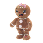 Holiday Time Animated Musical Gingerbread Girl Plush, Brown and White, 12.5 Inch, Pink Bow