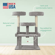 SportPet Designs Kitty City 61-Inch Multi-Level Upholstered Cat Tree with Natural Sisal Scratching Posts, Gray