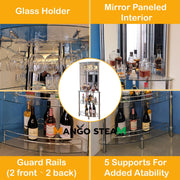 Mango Steam Chrome 3-Tier Corner Bar Tower with Tempered Glass Shelves and Mirrored Panels, Modern Home Bar Furniture, 31.5 in L x 15.75 in W x 73 in H, 20081
