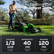 Greenworks 40V 20in Brushless Push Lawn Mower, 4.0Ah Battery, LED Headlights, Foldable Aluminum Handles, 4-in-1 Cutting System, MO40L415