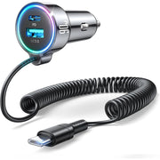 JOYROOM USB C Car Charger Adapter, Dual Port PD 3.0 & QC 3.0, 90W Fast Charging with Built-in 5ft Type C Cable, Black