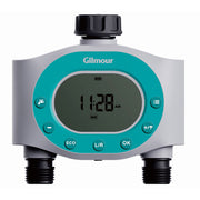 Gilmour Dual Outlet Water Timer, Programmable Dual Zone, LCD Screen, Rain Delay, Leak Alert, Battery Operated