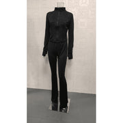 ZenithTrend Womens 2 Piece Outfit Set, Bodycon Long Sleeve Crop Top, High Waist Flared Pants, Stretchy Athletic Lounge Wear, Black