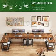Amadwell 55 Inch L Shaped Office Desk with Built-In Power Outlets, 3 Fabric Drawers, Mesh Shelves, Rustic Brown