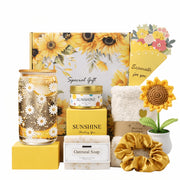 Powmok Personal Care Gift Basket, Cheer-Up Set with 18 oz Glass Wine Tumbler, Fuzzy Socks, Blue Wind Chime Scented Candle, Oatmeal Soap, Crochet Doll, Hair Scrunchy, Greeting Card, Yellow
