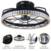 Jinyi 20in Small Caged Ceiling Fan with LED Light, Remote and App Control, Flush Mount Low Profile, 5 Enclosed Blades, 6 Wind Speeds