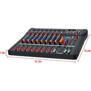 UNIFULL 8 Channel Professional Audio Mixer Console with 48V Phantom Power, Bluetooth 5.0, USB Audio Interface, Large LED Display, Black