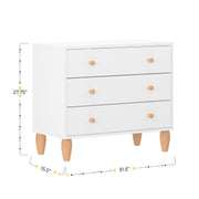 Buzz & Bloom Small Kids 3-Drawer Wood Dresser Chest, White and Natural, Child-Safe Interlocking Drawers, Solid Rubberwood Legs