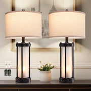 RORIA 24in Modern Table Lamp Set of 2, Black Metal Base, Linen Fabric Shade, Frosted Glass Night Light, Dual USB Charging Ports, Toggle Switch