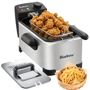 Bluebow Electric Deep Fryer, 3.2QT Oil Capacity, 1700W Immersion Heating, Adjustable Temperature, Stainless Steel with Viewing Window Lid, HD3301