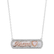 Brilliance Fine Jewelry Mother of Pearl Bar Crystal Heart Mom Necklace in Sterling Silver and 14K Rose Plate 18