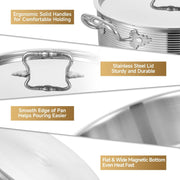 Inqibee Saut Pan with Lid, Tri-Ply Stainless Steel, 13 in, Induction Compatible, Dishwasher and Oven Safe, 8 QT, QB-INQ-3PLY