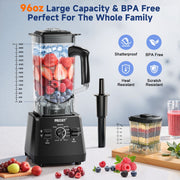 PRASKY 2-in-1 Professional Countertop Blender, 1000W Motor, 96oz BPA-Free Jar, 7 Speeds with Pulse, Stainless Steel Blades, Black, BK688-3L