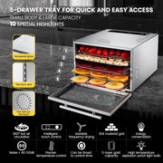 Cercker Food Dehydrator, 400W, 5 Stainless Steel Trays, Adjustable Thermostat 70-190F, 24H Timer, Transparent Glass Door, DBC-05A
