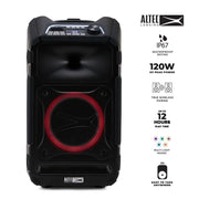 Altec Lansing Sonic Boom 120 Portable Bluetooth Party Speaker, 120W Peak Power, IP67 Waterproof, Multicolor LED Lights, Wheels and Handle, Black