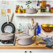 Made By Gather 19916 Beautiful 12-Piece Ceramic Nonstick Cookware Set with Strainer Lids, White Icing, Gold Handles