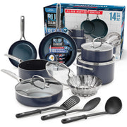 Blue Diamond 14 Piece Cookware Set, Diamond-Infused Ceramic Nonstick, PFAS-Free, Oven Safe to 600F, Dishwasher Safe, Blue
