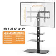 FITUEYES Universal TV Stand with Height Adjustable Swivel Mount, Black Tempered Glass Shelf, Fits 32-65 Inch LCD LED OLED TVs, TT306501GB