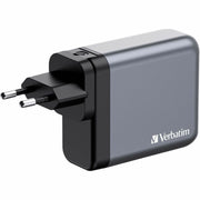 Verbatim 140W 4-Port GaN Wall Charger with USB-C PD and USB-A QC, Foldable US Prongs, Replaceable EU and UK Plugs, Black/Gray, 32203