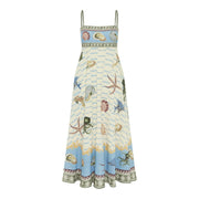 ScarletteEmmy Women Coastal Print Maxi Dress, Spaghetti Strap, High Waist, Flowy Linen Look Sundress, Light Blue