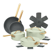 Beautiful 19918 12-Piece Ceramic Nonstick Cookware Set with Strainer Lids, Sage Green by Drew Barrymore