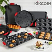 Kikcoin Bakeware Set, 33-Piece Nonstick Carbon Steel Pans with Insulated Silicone Handles, Gray, 05GY9