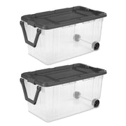 Sterilite Corporation 1468-3V 160 Quart Wheeled Storage Box Set of 2, Clear Plastic with Flat Gray Lids, Drip-Resistant, Stackable, Ergonomic Handle