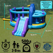 Sportspower Inflatable Bounce House with Slide, Whack-A-Play Game, Basketball Hoop, 550W Electric Blower, Blue Purple Yellow, INF-2415