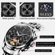 OLEVS 6617 Men's Automatic Skeleton Mechanical Watch, Stainless Steel Band, Black Dial, Moon Phase, Luminous Hands, Waterproof 30M