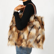 Generic Fluffy Tote Bag, Large Capacity, Gradient Color, PU Leather and Polyester, Faux Leather Handle, Over-the-Shoulder, Winter Style
