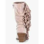 Madden NYC Women's Faux Suede Fringe Mid-Calf Boots, Beige, 2.4in Block Heel, Memory Foam Insole