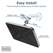 BLACK+DECKER Oversized Rainfall Shower Head, Chrome, Square, Wall Mount, 1.8 GPM
