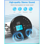 Greadio CD-35 Portable CD Player with Bluetooth 5.1, Built-in FM Transmitter, 2000mAh Rechargeable Battery, Anti-Shock Design, Dual Stereo Speakers, Black