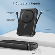 Yelomin Magnetic Portable Charger Power Bank, 10000mAh Battery, Built-In USB-C and Lightning Cables, Foldable Stand, 22.5W Fast Charging, Black