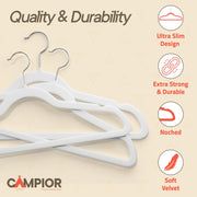 Campior Velvet Hangers, 150-Pack, Heavy-Duty 10 lbs Capacity, 360 Swivel Hook, Non-Slip White Velvet Finish, Space-Saving Design