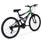 Hyper Bicycles 26 Shocker Mountain Bike, Full Suspension Steel Frame, 18-Speed Twist-Grip, Linear-Pull Brakes, Black/Green, HYP-T26-1444