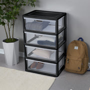 Sterilite Wide 4 Drawer Tower Storage Cart with Removable Clear Bins, Carry Handles, Easy Tool-Free Assembly, Black, 4540-90