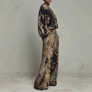 Zanvylia Womens Baroque Printed Two-Piece Set, V-Neck Lantern Sleeve Top, Black Gold Palazzo Wide Leg Pants, Retro Luxury